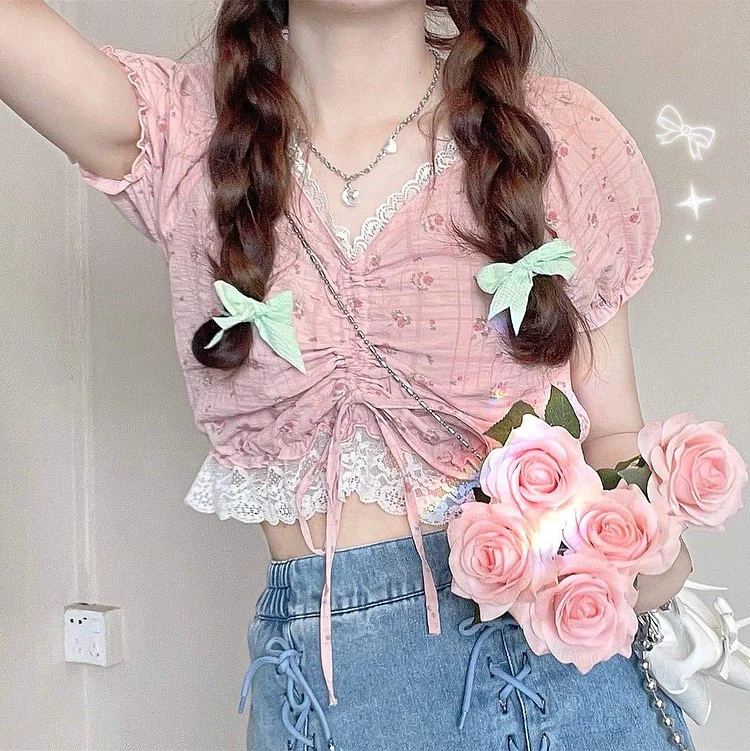 Perfect Kawaii Floral Summer Drawstring Top SP16194
