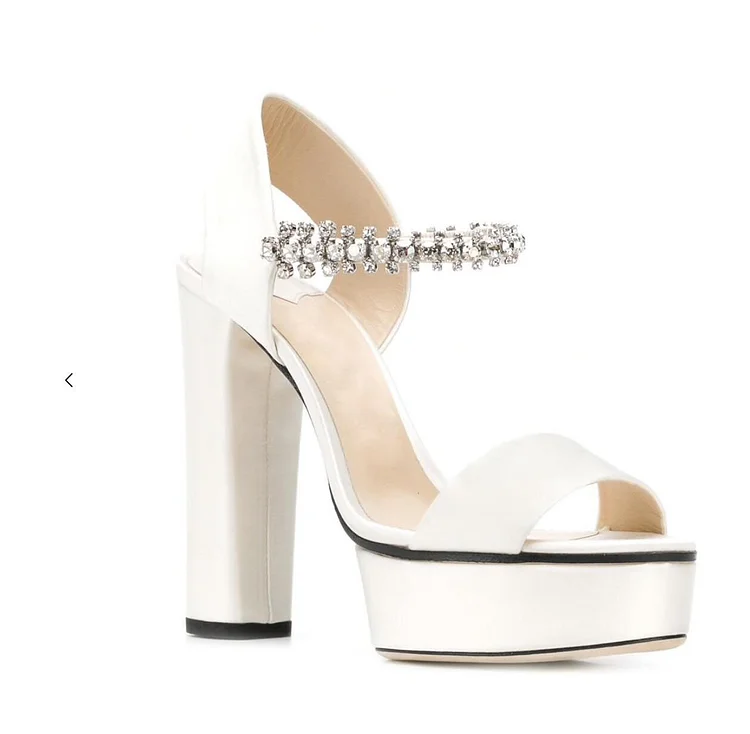 White Satin Rhinestone Platform Chunky Heels Vdcoo