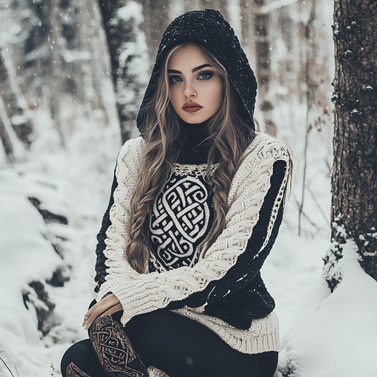 Women's Viking Tribal Jacquard Celtic Chunky Inspired Knit Hooded Sweater