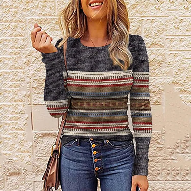 VChics Western Tribal Pattern Print Round Neck Long Sleeve T-Shirt