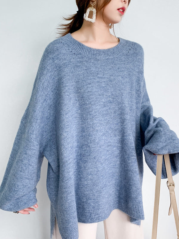 Urban Loose Blue Round-Neck Stretch Mohair-Blend Long Balloon Sleeves ...