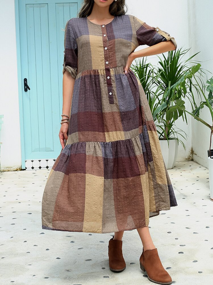 Check Print Long Sleeve O-neck Button Vintage Dress