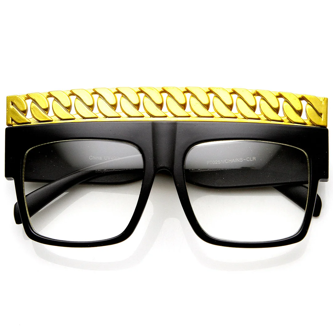 High Fashion Bold Chain Top Square Clear Lens glasses