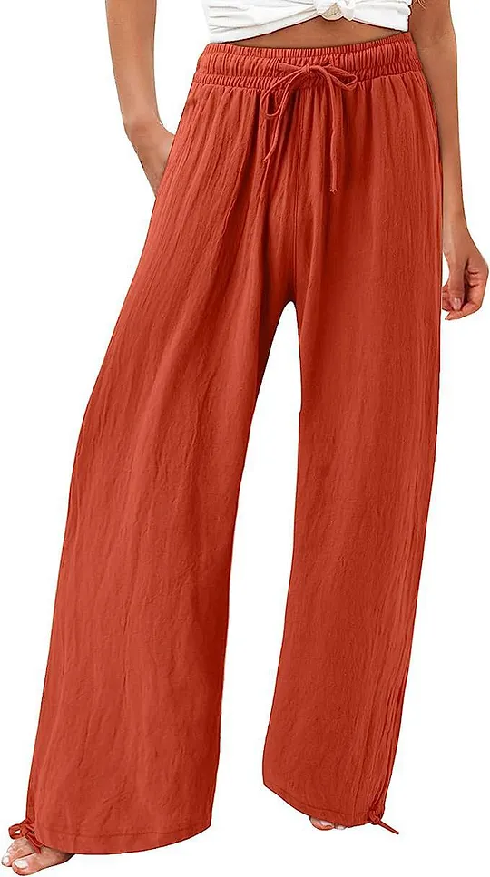 Summer Casual Loose Beach Pants Women's Wide Leg Pure Color Rope Detailing Long Trousers Comfortable Loose Fit Beachwear