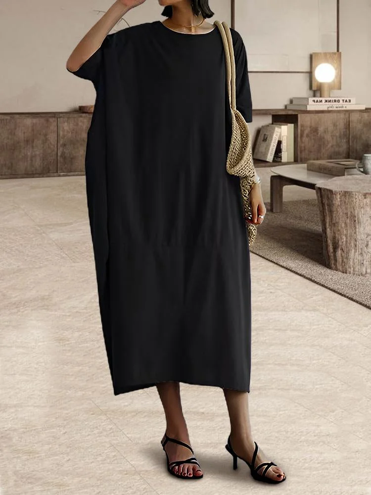 Loose Slip Oval Long Crewneck Pullover Dress with Dropped Shoulder Sleeves Lanterns socialshop