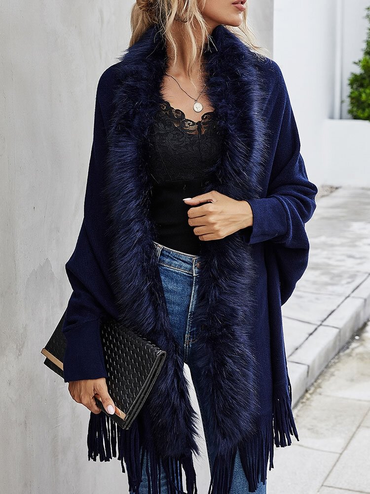 Solid Fringe Hem Dolman Sleeve Open Front Cape Cardigan