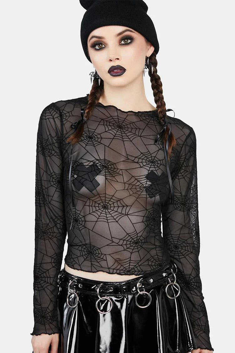 Gothic Black Party Mesh See-through Spider Web Flocking Blouses