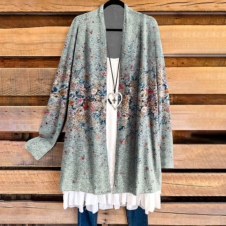 Vefave Vintage Oil Painting Floral Print Cardigan