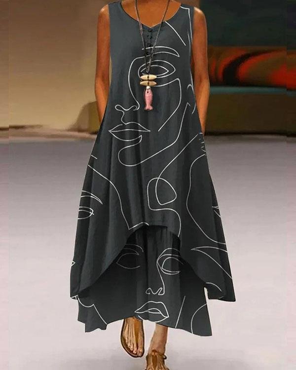 Plus Size Print Sleeveless A-Line Asymmetrical Maxi Dress - Chicaggo