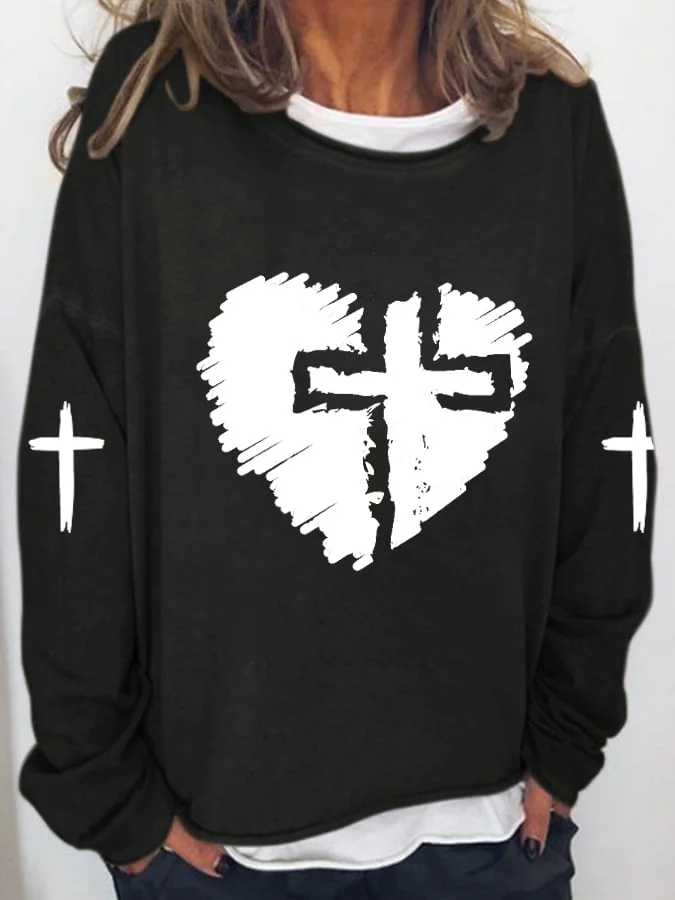 Women's Faith Heart Cross Print Long Sleeve T-Shirt