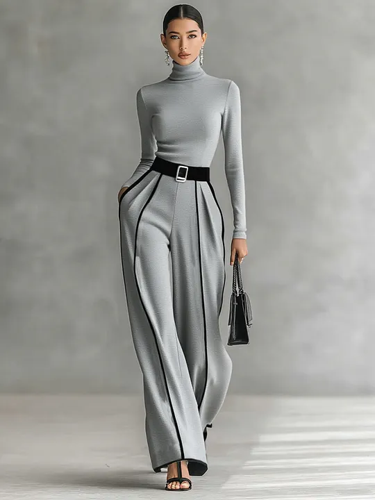 Women's White Trimmed Turtleneck Long Sleeve Top Wide Leg Pants Belt Two-Piece Set