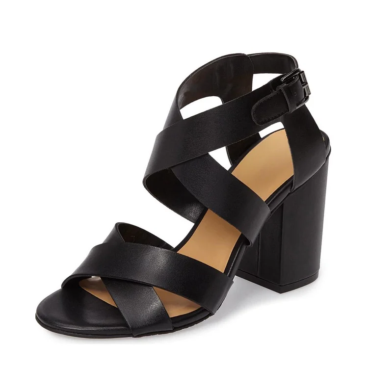 Black Open-Toe Block Heel Summer Sandals with Cross-Over Straps. Vdcoo