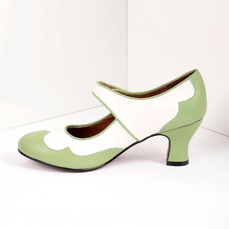 Vintage Style Green and White Mary Jane Chunky Heel Pumps Vdcoo