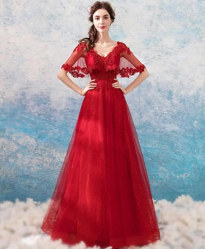 Burgundy Tulle Lace Long Prom Dress, Burgundy Evening Dress
