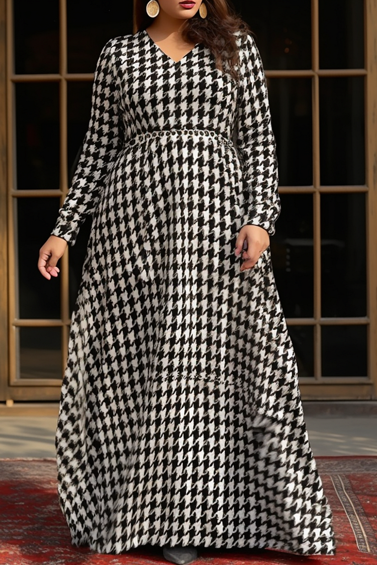 Plus Size Semi Formal Maxi Dresses Casual Black Houndstooth Fall Winter V Neck Long Sleeve Knitted Maxi Dresses [Pre-Order]