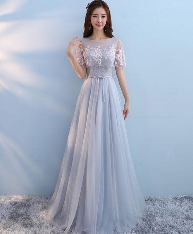 Cute Gray Tulle Lace Long Prom Dress, Gray Evening Dress