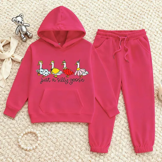 【2Y-13Y】Duck Print Hoodie And Jogger Set For Kids - "Just A Silly Goose" Design