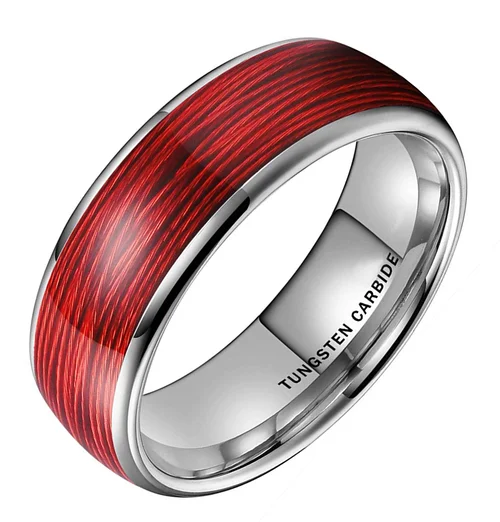 Women Mens Silver Tungsten Matching Colorful Fragments Inlay Steel Red Wire Inlay Domed Style High Polished Rings Wedding Bands