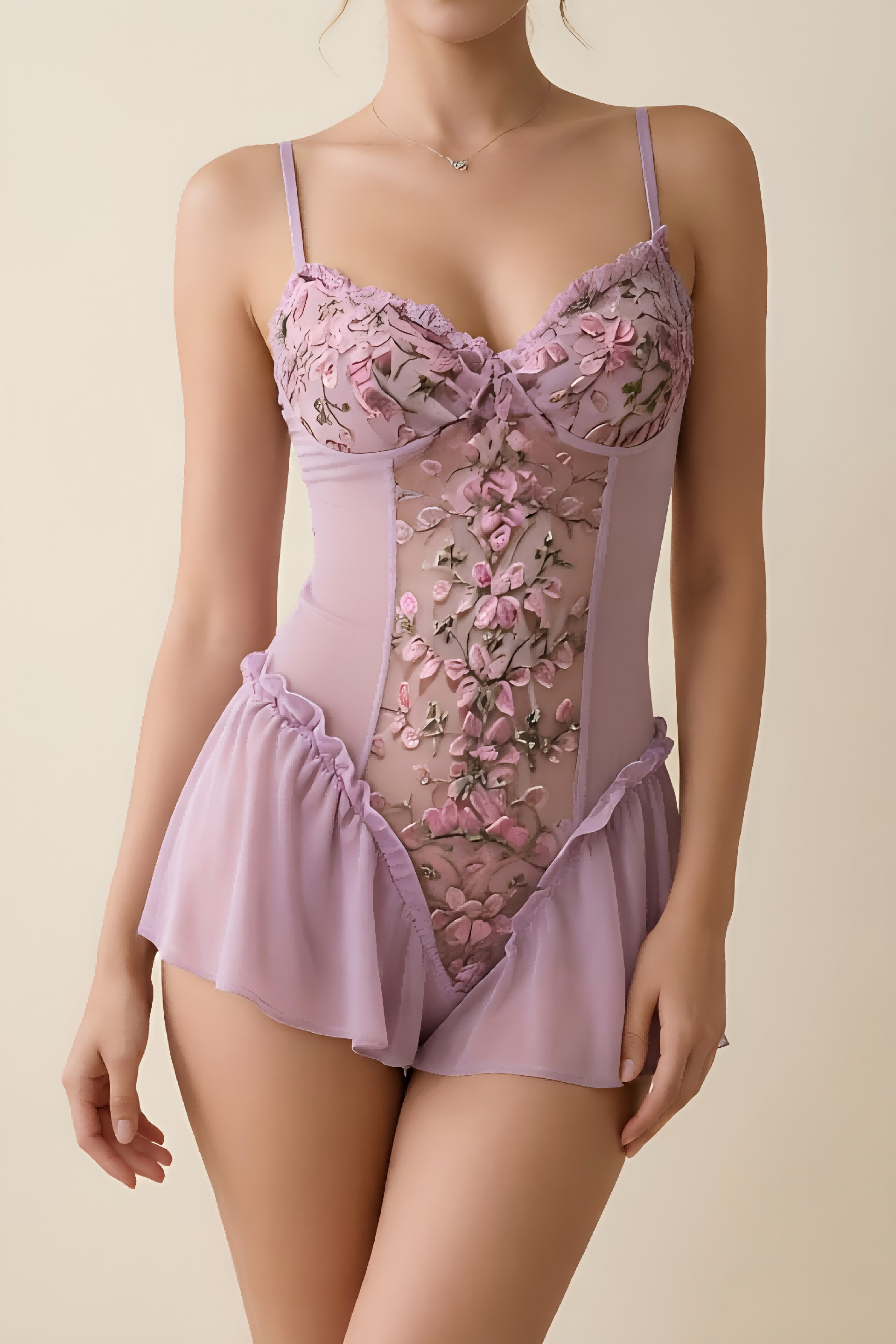 Lovingerie - Deep V-neck Floral Embroidered Open-crotch Bodysuit