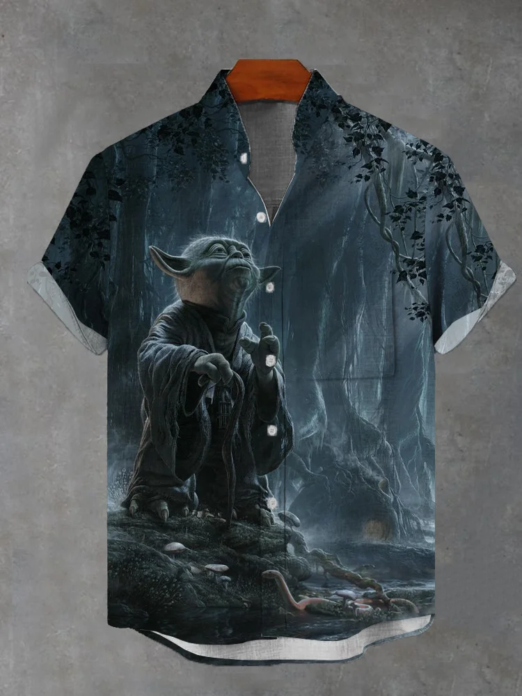 Sci-fi Rainforest and Space Green Samurai Stand Collar Short Sleeve Shirt PLUSCLOTHESMAN