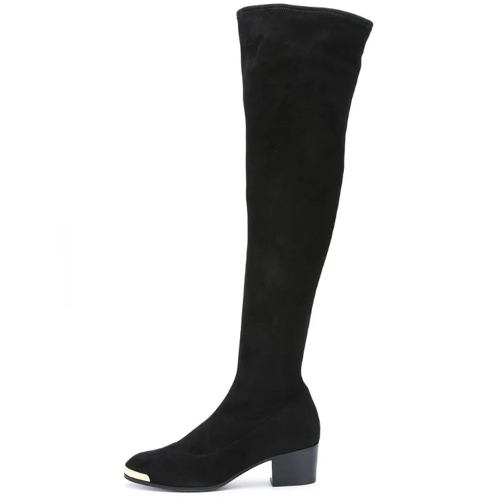Black Suede Over-the-Knee Boots with Chunky Heels Vdcoo