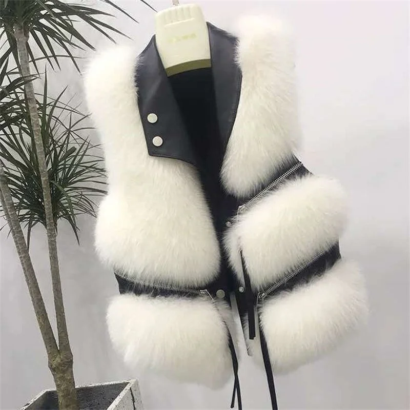 Woherb Faux Fur Vest Coat Women's Lapel Sleeveless Buckle Slim PU Leather Outerwear High Street Plush Fur One Piece Jack