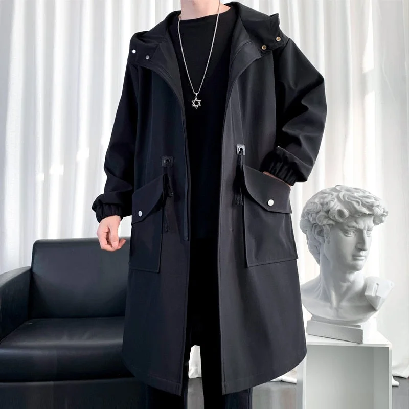 Aonga Long Trench Coat Jacket Men Cotton Autumn Spring Black Hip Hop Japanese Coats Streetwear Men's Hooded Army Green Casual Jackets