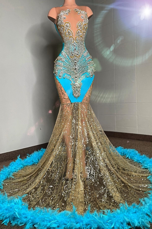 Bellasprom Ocean Blue Mermaid Prom Dress With Crystals Feather Bellasprom