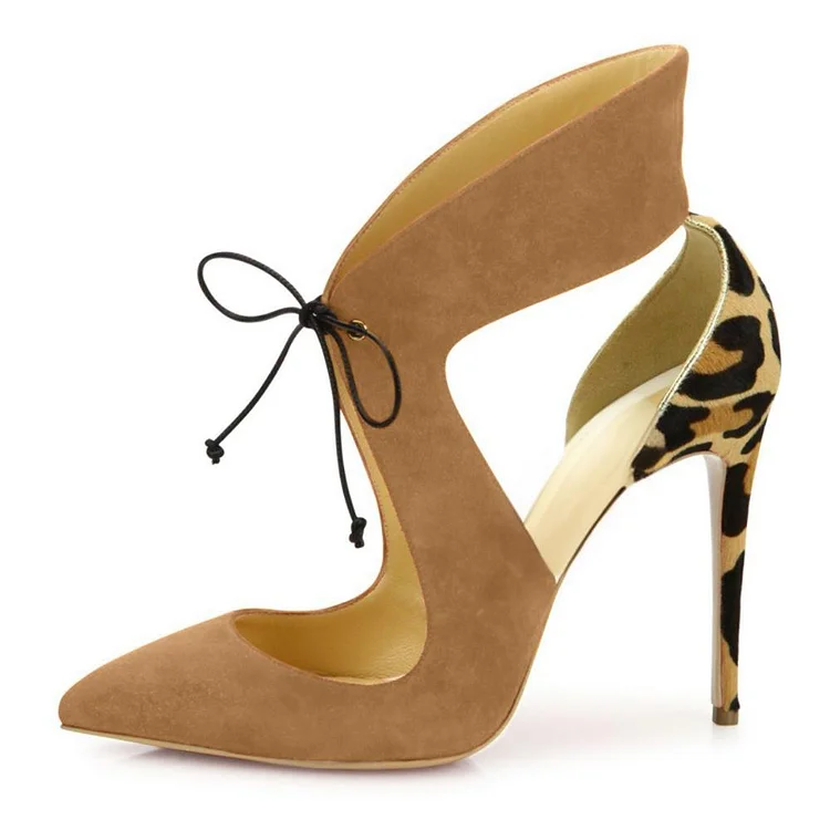 Tan Suede and Leopard - Print Cut - Out High Heels Vdcoo