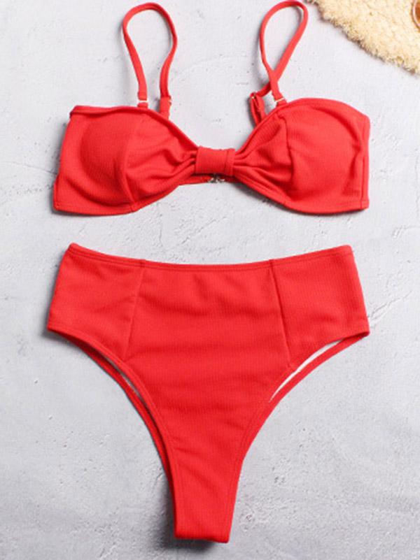 Solid Color Bow Bandeau Split Bikini Swimsuit