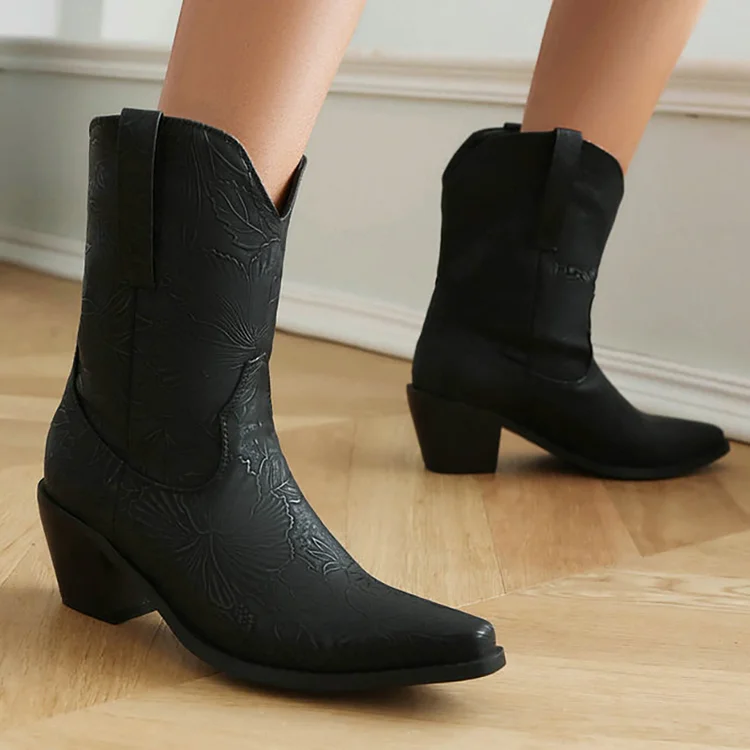 Floral Leaf Allover Embroidery V-Cut Pointy Toe Western Boots