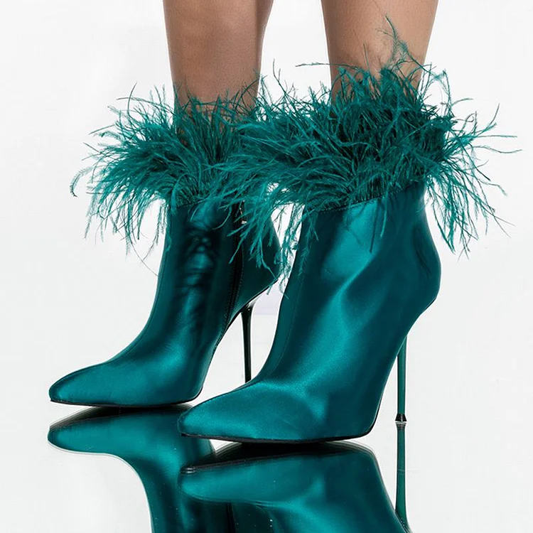 Green Satin Pointed Toe Faux Feather Heeled Ankle Boots |FSJ Shoes