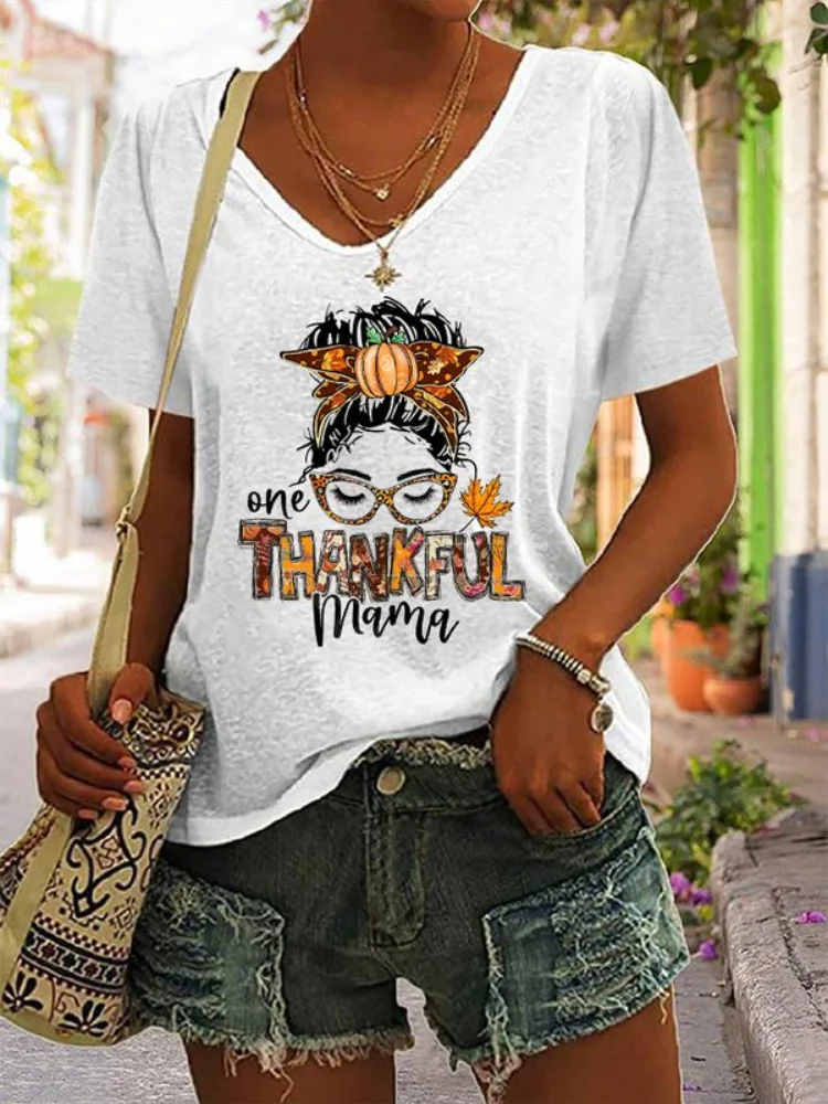Vefave Thankful Mama Print V Neck Short Sleeve T Shirt