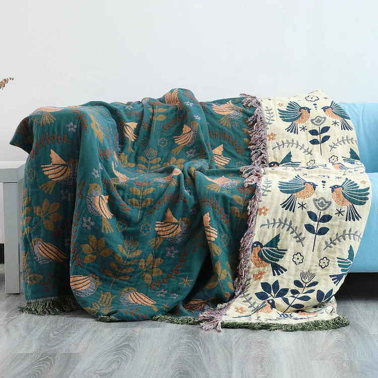 Vintage Spring Bird Jacquard Cotton Bedcover Sofa Blanket