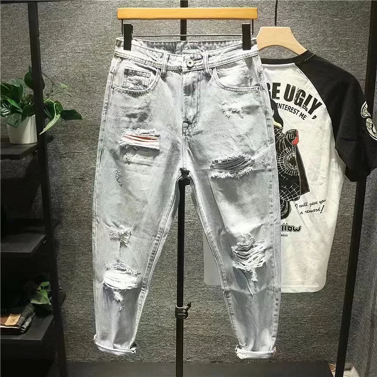 New style Japanese loose brushed brushed ripped beggar's pants men's trendy light wash nine-point jeans for men_ ecoleips_old