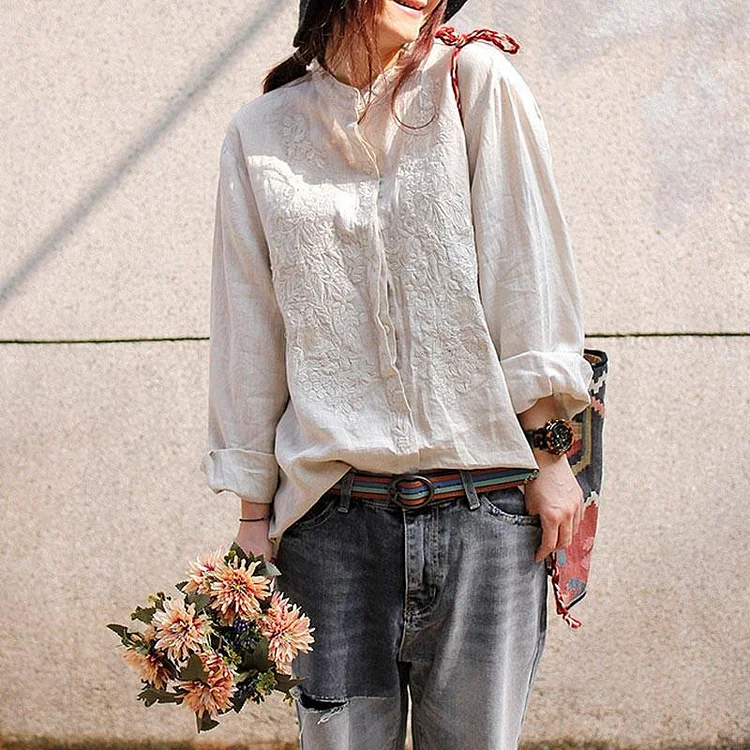 boutique linen blouses plus size clothing Linen Embroidered Shirt