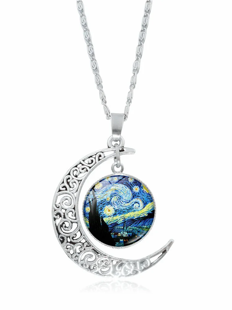 VChics Oil Painting Moon Carving Necklace