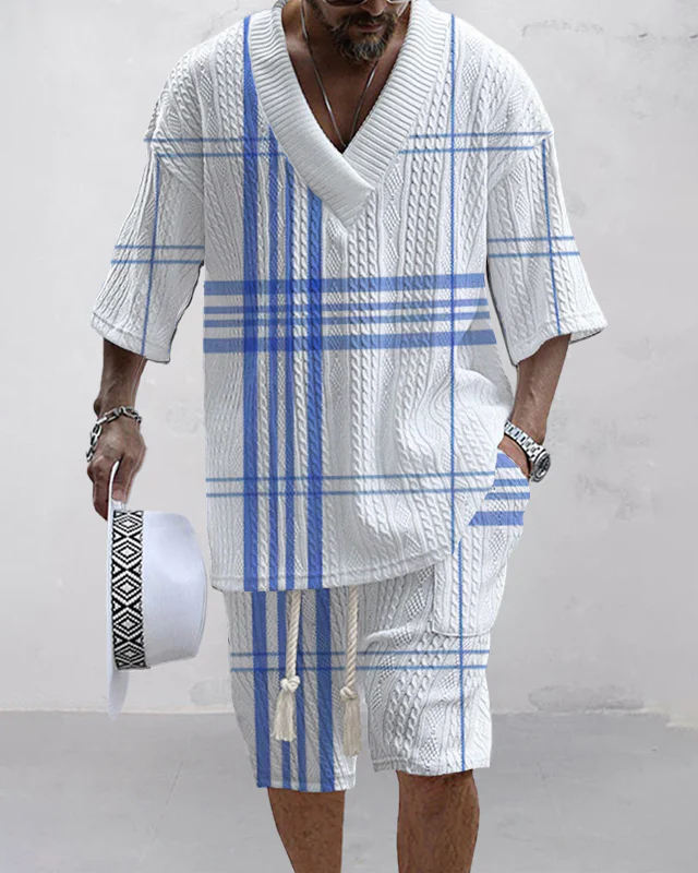 Men's V-neck luxury textured print shorts Set 026