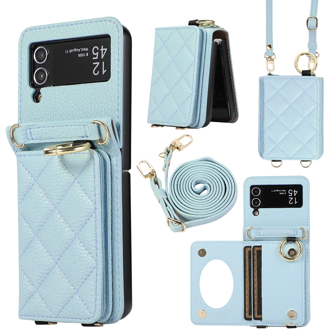 Small Sweet Wind Crossbody Leather Phone Case With 2 Cards Slot,Finger Ring,Mirror,Detachable Lanyard And Hinge For Galaxy Z Flip3/Z Flip4/Z Flip5