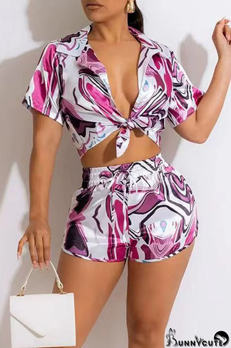 Multicolor Sexy Print Bandage Patchwork Turndown Collar Short Sleeve Two Pieces