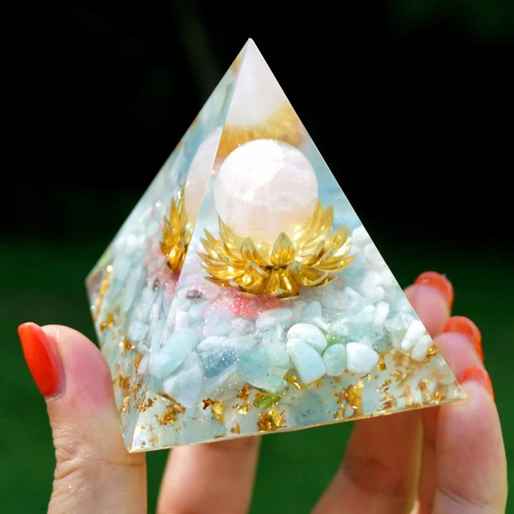 Olivenorma Aquamarine Rose Quartz Lotus Symbol Orgone Pyramid