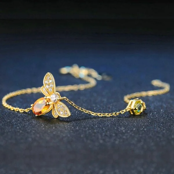 Citrine Bee Bracelet With 925 Silver 14k Gold Plated For Women