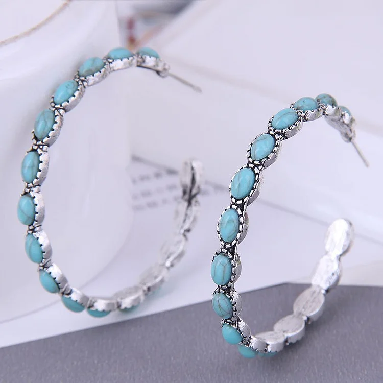 Turquoise Bohemian Metal Hoop Earrings Silver Plated Temperament Jewelry Party Personality Decor For Women Girls 1Pair