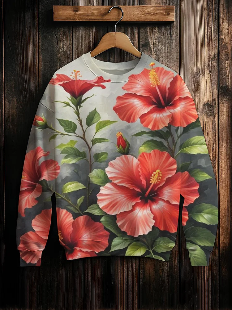 Men's Retro Hawaiian Hibiscus Print Casual Sweatshirt