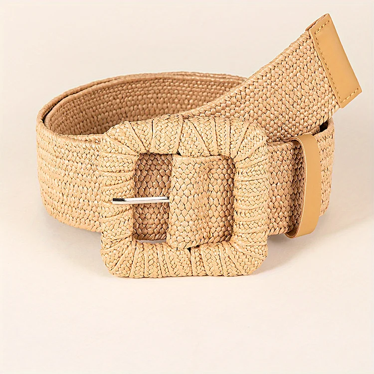 Casual Bohemian Woven Belt For Women Square Buckle Straw Elastic Waist Belt Summer Beach Dress Belts