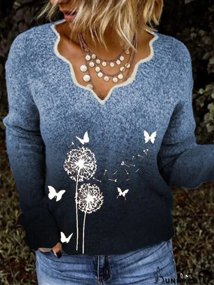 Women Long Sleeve V-neck Floral Printed Sweater Top