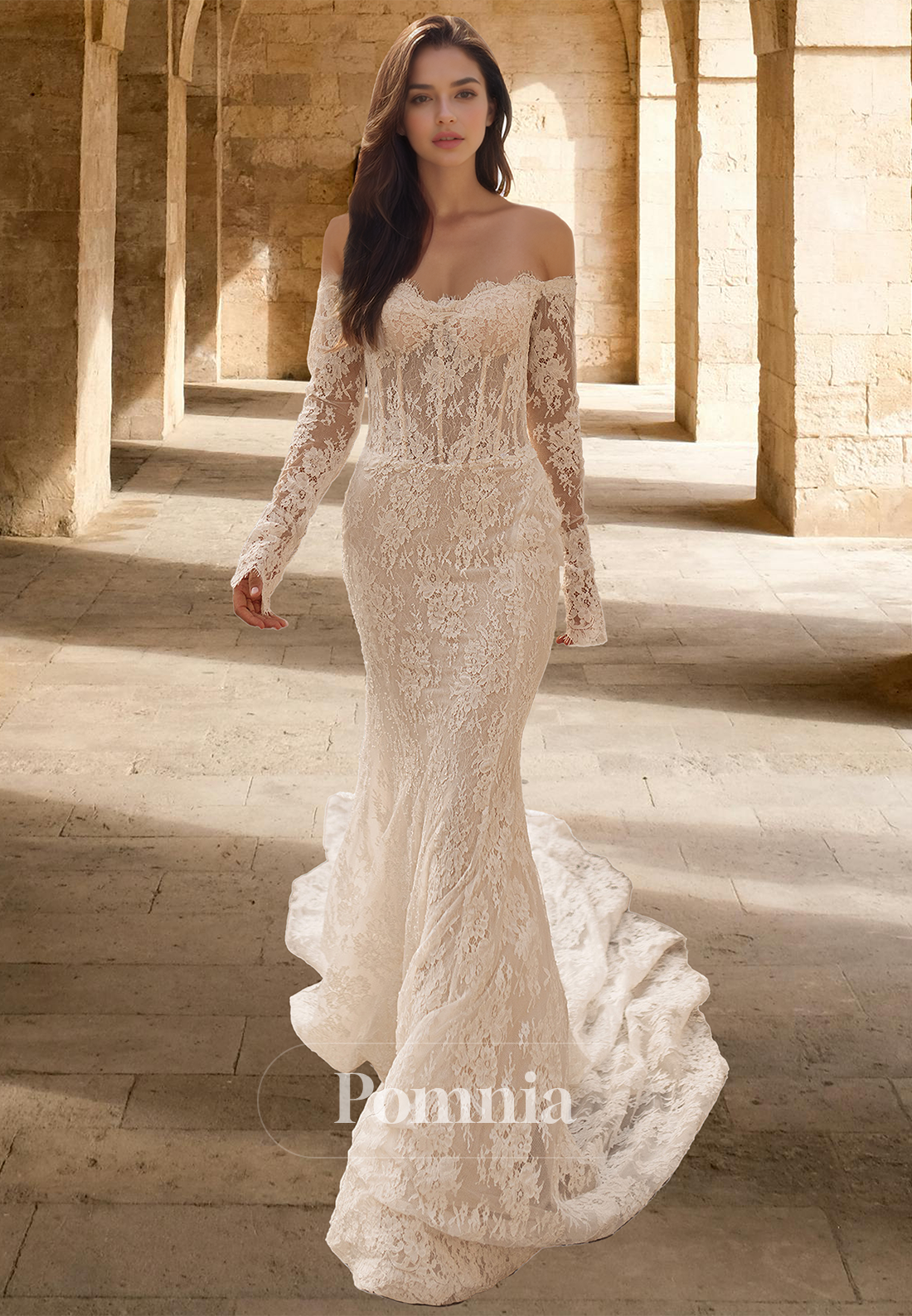 Charming Off-Shoulder Long Sleeves Lace Appliques Mermaid Wedding Dress