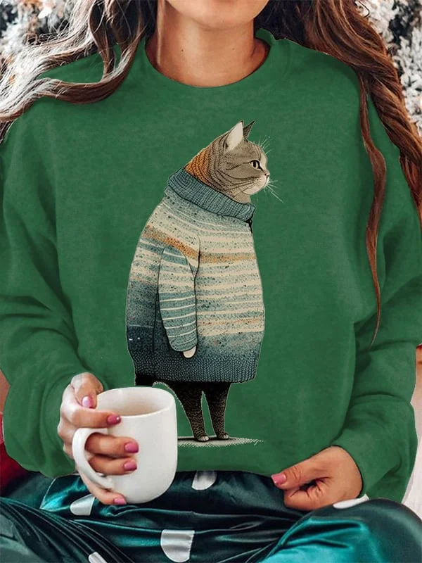Women's Winter Cat Print Sweatshirt