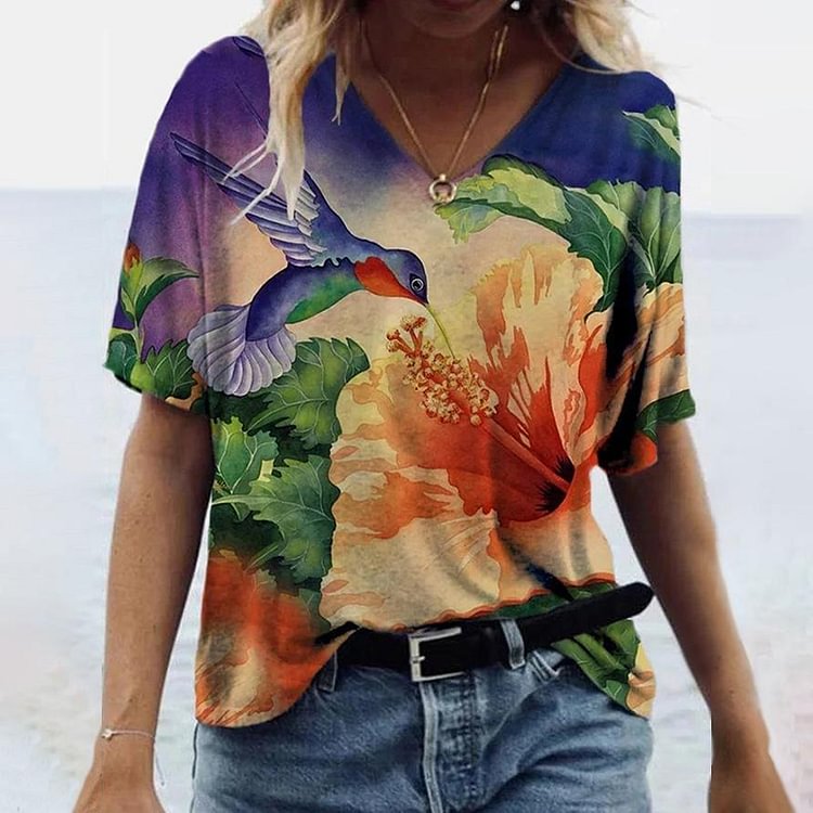 Casual Short Sleeve Hummingbird Print T-Shirt