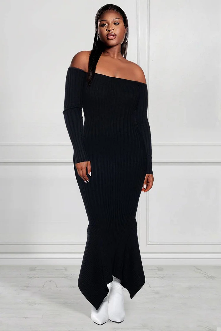 Plus Size Casual Dress Black Knitted Off-Shoulder Long Sleeve Asymmetrical Hem Maxi Dress [Pre-Order]